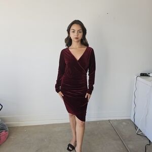 Guberry Wine Color Faux Velvet Medium Bodycon Wrap Dress